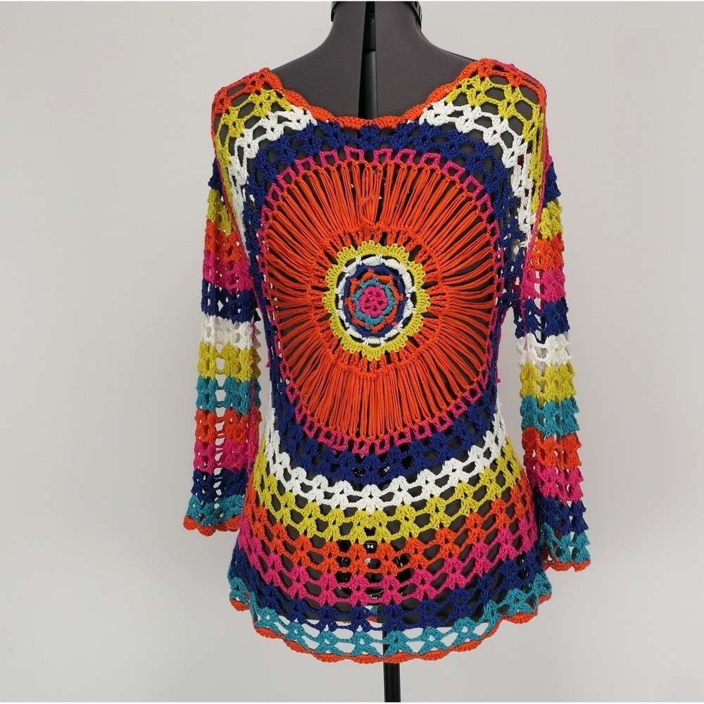 Crochet Tunic Mandala Sunburst Boho Festival Rainbow Knit Artisanal Beach Kaftan - Picture 6 of 9
